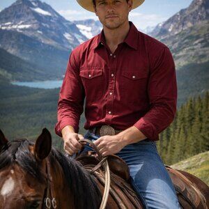 Sheplers Men's Western Shirt 17.5/34 Pearl Snaps Maroon Red 2 Front Pockets GUC